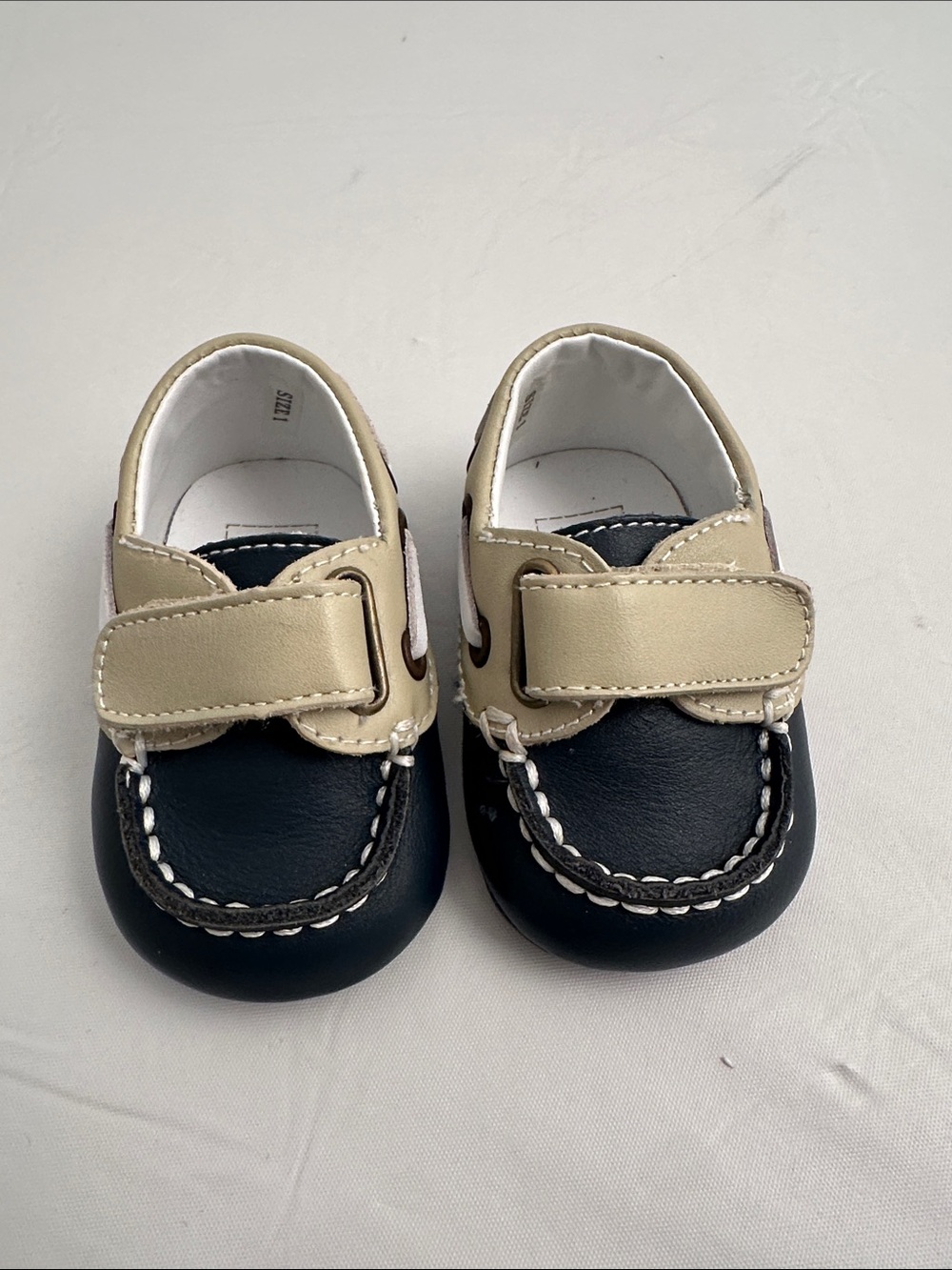 Janie and Jack navy blue and taupe hook and loop boat shoe loafer